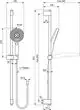 Brausekombination von Ideal Standard mit Handbrause und Halterung. Das Montageschema zeigt Abmessungen und Anschlussdetails in Schwarz-Weiß-Darstellung.